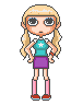 Pixel art character with blonde pigtails, teal shirt, purple skirt, pink socks, red shoes, and changing expressions including neutral, smiling, winking, and heart symbols.