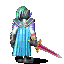 Pixelated character in blue robe holding red sword, viewed from back with green hair and silver armor accents, three sequential poses showing slight stance shifts.