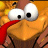 Animated pixel art of a turkey head with large white eyes and black pupils, set against an orange-brown background with repeated text overlays.