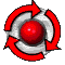 Six sequential frames of a red and white circular animated icon with rotating arrows on a gray background.