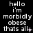 Black background with white pixelated text repeating 'hello i'm morbidly obese thats all' across three , each showing different punctuation variations in the final line