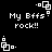 Black background with white pixelated text "My Bffs rock!!" and small square-shaped icons in four corners, some showing animation frames.