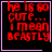 Four identical of red pixelated text on black background with pink borders, each containing the phrase "he is so cute... I mean BEASTLY"; two have small symbols in bottom-right corners