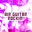 A static image with repeating text 'AIR GUITAR ROCKIN!' in red and black pixelated font over a pink and white abstract background.