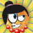 Six identical cartoon-style character icons arranged in a , each with orange skin, black hair in buns, red beaded necklaces, and varied facial expressions against a yellow patterned background