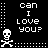 A 4x4 contact sheet of pixel art frames showing a skull icon with changing text and red strike-throughs, transitioning from "can I love you?" to "can I hurt you?" with one frame ending in "YES!".