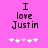 Pixelated text 'I love Justin' on bright pink background with five white/pink hearts below, showing heart animation