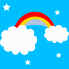 Blue background with two red-yellow-gray rainbows, white clouds, and yellow/white stars.
