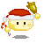 Pixel art contact sheet of four animated frames showing a yellow circular character wearing a Santa hat with candy cane props and floating golden bells.