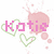 Pixelated pink text 'Katie' with green heart outlines and pink splatter effects on white background, transitioning to heart outlines only in later frames.