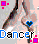 Pixelated image of a dancer with raised arms holding a blue heart, featuring 'Dancer' text in varying colors