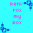 Pixelated blue background with pink text and dark blue geometric shapes arranged in a pattern