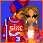 Pixel art contact sheet of a 7-frame animated AIM buddy icon featuring two cartoon characters in various poses with text elements "gotta love" and "dem thugs" on blue backgrounds.