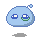Pixelated blue blob with two square eyes and a small bubble on top, showing four sequential animation frames with varying green mouth shapes.