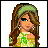 Pixelated character with long brown hair, green headband, and floral dress against white background; adjacent green contains text