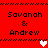 Red background with black text reading "Savannah & Andrew" in two , separated by pixelated heart symbols
