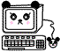 Pixel art of two computer monitors with panda ears, one showing a sad face with pink blush marks and the other displaying a pixelated character on a pink dotted background.