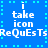 Blue background with cyan pixel squares bordering white text reading 'i take icon ReQuEsTs' in a repeating pattern across multiple views.