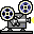 Two pixel-art film projectors on gray backgrounds, each with rotating reels and yellow light beams.