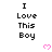 Pixelated text "I Love This Boy" repeated in a with pink heart symbols, gray background section visible