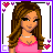 A 3x3 contact sheet of a pixel-art animated buddy icon featuring a cartoon woman with long brown hair, pink top, and blue jeans, surrounded by heart symbols in purple borders.