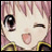 Pixelated anime-style character face with pink hair and winking expression next to stylized text on black background.