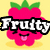 Pixelated pink fruit with green leaves, smiling face, and tongue sticking out on yellow background; text "Fruity" appears left of the fruit.