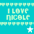 Cyan background with repeating light green heart borders, four instances of 'I LOVE NICOLE' text in pixelated font, and white stars that change from solid to outline.