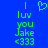 Blue background with green pixelated text reading 'I luv you Jake <333' and a cyan heart symbol above the text.
