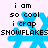 Pixelated blue snowflake icon with black text reading "i am so cool i crap SNOWFLAKES" on a white background, displayed in four identical positions