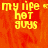 Yellow pixelated text 'my life hot guys' on orange background with gray rectangle overlay.