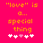 Bright pink background with orange pixelated text reading "'love' is a... special thing" and five white/pink pixel hearts below.
