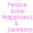 Pixelated pink text and symbols arranged in a with 'Peace Love Happiness & Lauren' on the left and identical text plus heart symbol on the right