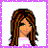 Pixelated buddy icon featuring a cartoon character with long brown hair and green eyes on the left, next to a pink heart-shaped text box reading "azn. and loving IT" on the right, all within a purple dotted border.
