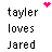 Pixelated text displays names and 'loves' with pink hearts in two , showing animation changes between frames where heart positions shift