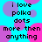 Pixelated text reads 'i love polka dots more then anything' on a cyan background with overlapping purple and pink circles.