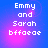Pixelated text 'Emmy and Sarah bffaee' on a blue-to-purple gradient background with pink glow effects.