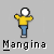 Pixelated character in yellow shirt and blue pants performing sequential arm movements with white circular head against gray background.