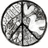 A circular black-and-white pixelated icon with a peace symbol design divided into four quadrants by thick lines.