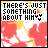 Pixelated text reads "THERE'S JUST SOMETHING ABOUT HIM" over a red and white cloud-like background with yellow accents.