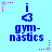 Pixelated blue icon with 'gymnastics' text and a heart symbol, surrounded by pink star accents on light blue background.