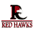 A pixelated graphic featuring a large black letter R with red accents, positioned above a red and gray striped banner containing the text RED HAWKS in blocky red letters.