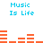 Pixelated blue text "Music Is Life" appears above orange audio equalizer bars on a white background, with the bars changing height across frames.