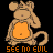 Pixelated cartoon mouse with orange belly and blue eyes appears in three poses: hand over ear, hands on cheeks, and arms raised. Each pose has matching text below it.