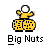 Pixelated character in yellow shirt and black pants stands atop two large yellow cookies with black spots, white circular head, arms raised, gray background, "Big Nuts" text below.