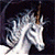 A 50x50 pixel animated buddy icon featuring a unicorn head on the left and green text on the right, displayed as a contact sheet with two frames.