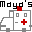 Pixelated graphic with two white robot-like figures on gray background, red crosses on faces, red square on top of left figure's head, black text 'myd's' above left figure and 'House' below right figure.