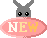 Pixelated rabbit head with gray ears and black eyes above pink oval sign reading NEW in mixed white and yellow letters.