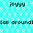 Pixelated cyan background with white circular patterns and repeated black text elements.