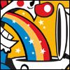 A cartoon-style icon featuring a rainbow with white stars, a yellow background with white stars, and a white and black striped object on the right.